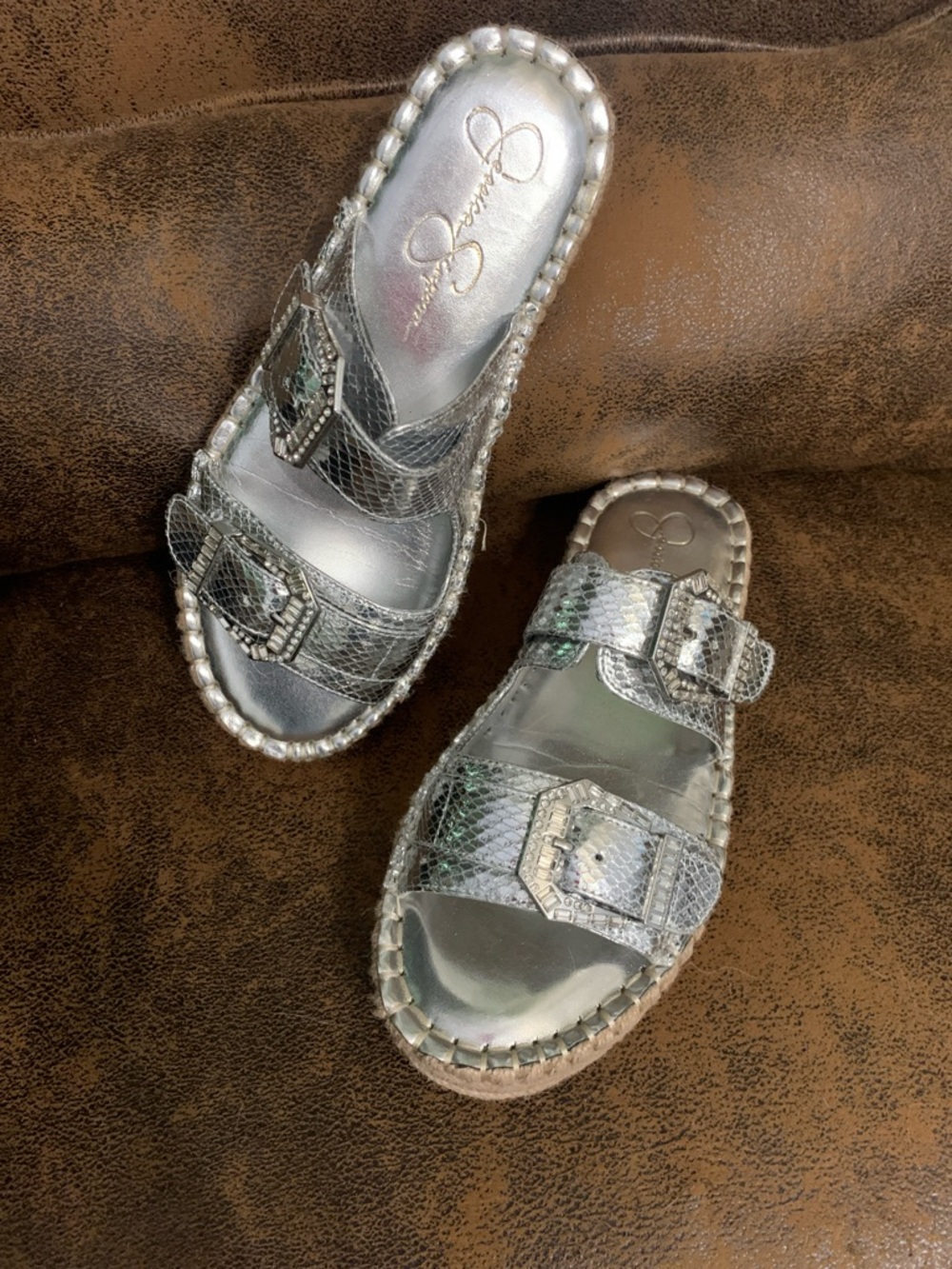 Jessica Simpson Silver Metallic Snakeskin Double-Buckle Slide Mules